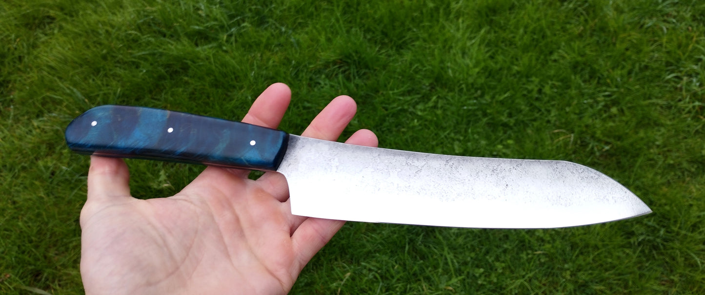 Couteau de cuisine lame forgée en 100c6 manche en peuplier stabilisé bleu