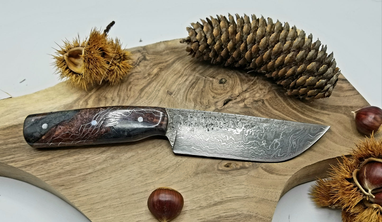 Couteau d'extérieur lame forgée en acier damas 90mcv8/15n20 manche en hybride bois résine